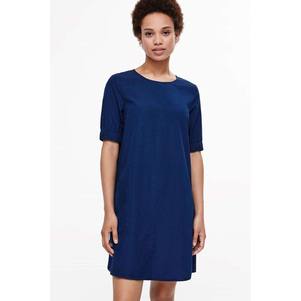 [COS] Blue Chambray Denim Half Sleeve Boat Neck Shift A-Line Mini Dress Size 6